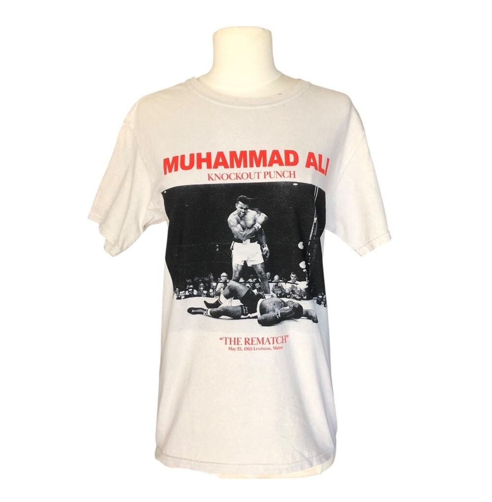 Muhammad Ali Knockout Punch The Rematch Graphic T-Shirt Off White Crew Neck SM